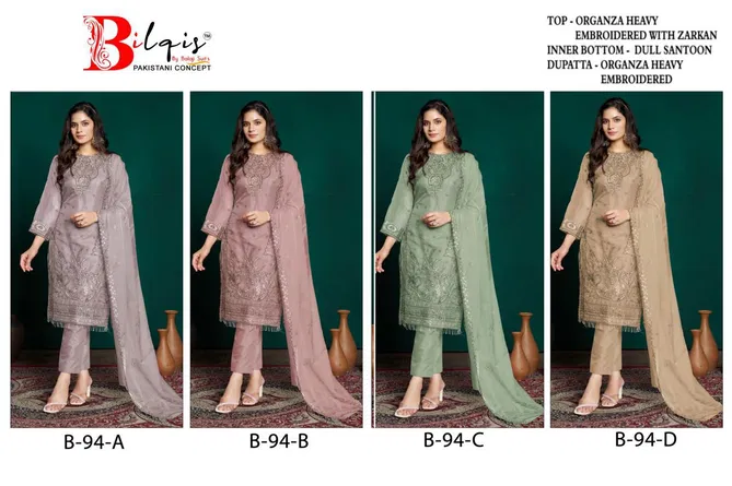 Bilqis B 94 A to D Handwork Embroidery Organza Pakistani Suit Wholesale Online
